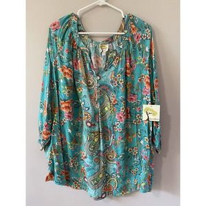 Fig and Flower Teal Floral Peasant Blouse Tie Cuff 3/4 Sleeve NWT